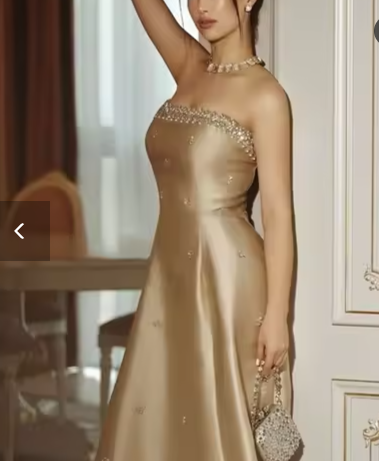 Fashion Strapless Champagne Satin Beaded Long Party Dress Evening Gown