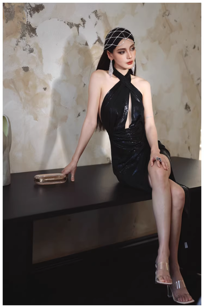 Sexy Black Halter High Slit Sheath Long Evening Dress Backless Prom Gowns