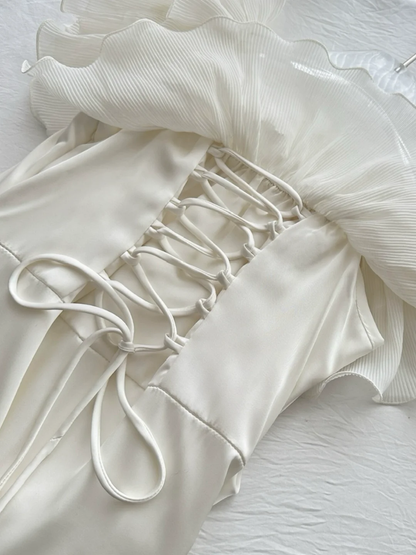 Classy Strapless White Satin Chiffon Long Prom Dress Birthday Party Dress D643