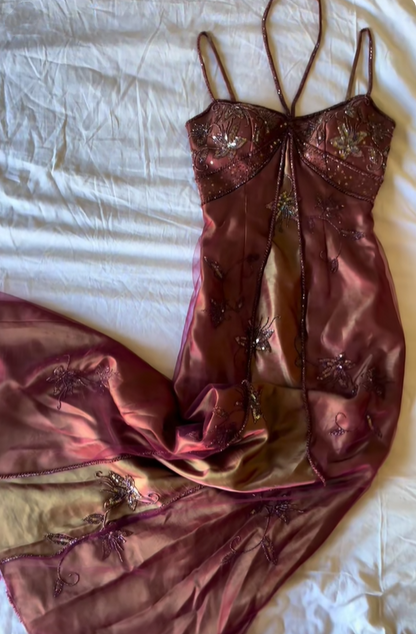 Retro Spaghetti Straps Tulle Satin Beaded Mermaid Long Wedding Guest Dress Evening Dress D1857