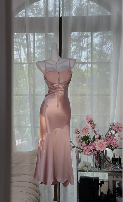Elegant Spaghetti Straps Sweetheart Neck Pink Satin Mermaid Party Dress Long Birthday Prom Gown