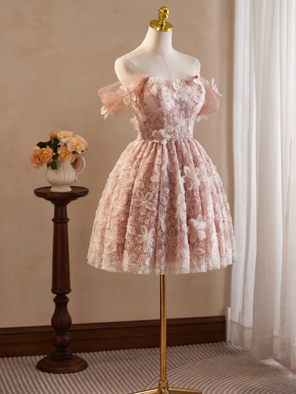 Vintage Pink 3D Flower Design A-line Off-the-shoulder Homecoming Dress , D1358