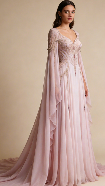 Pink Long Sleeves A-Line Elegant Long Formal Prom Dress Evening Gown Gala Dress, D59