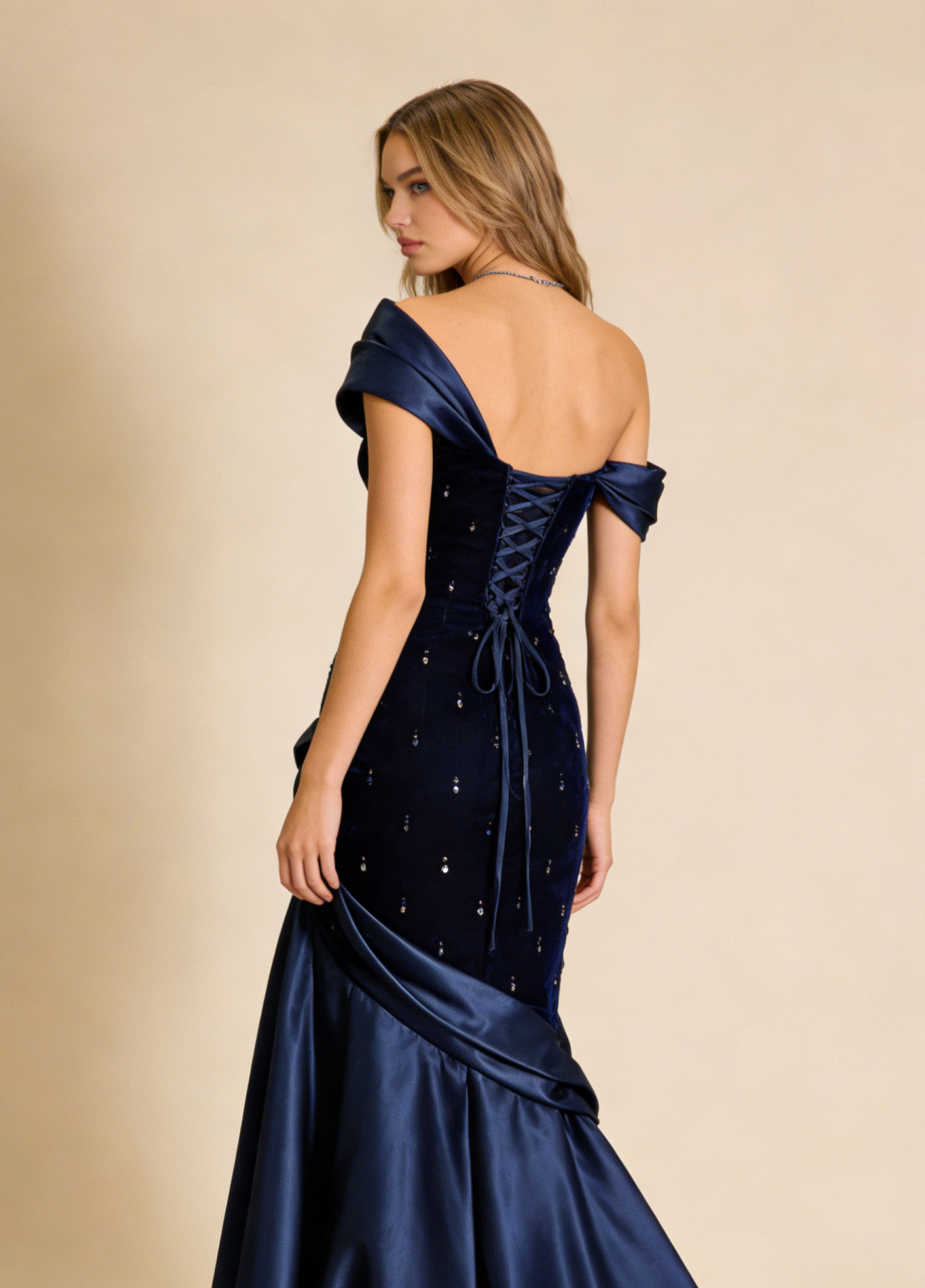 Pretty Mermaid One Shoulder Navy Blue Satin Long Party Dress Prom Dresses, D263