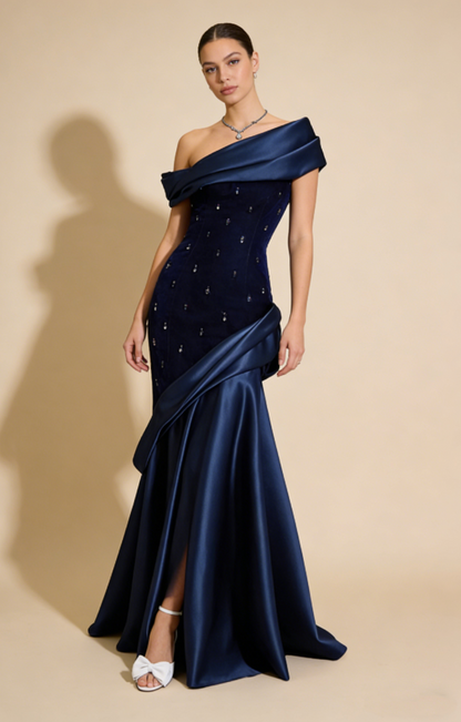 Pretty Mermaid One Shoulder Navy Blue Satin Long Party Dress Prom Dresses, D263