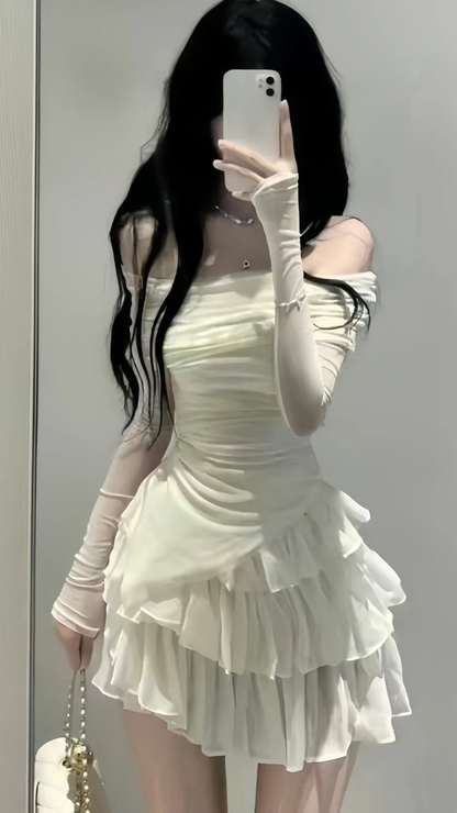 Classy Off White Off The Shoulder Chiffon Layered A Line Short 19th Birthday Outfits Homecoming Dress SP145