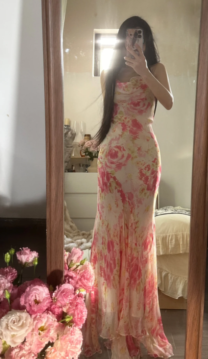 Fairy Spaghetti Straps Pink Chiffon Rose Floral Mermaid Long Party Dress 18th Birthday Outfits D2301