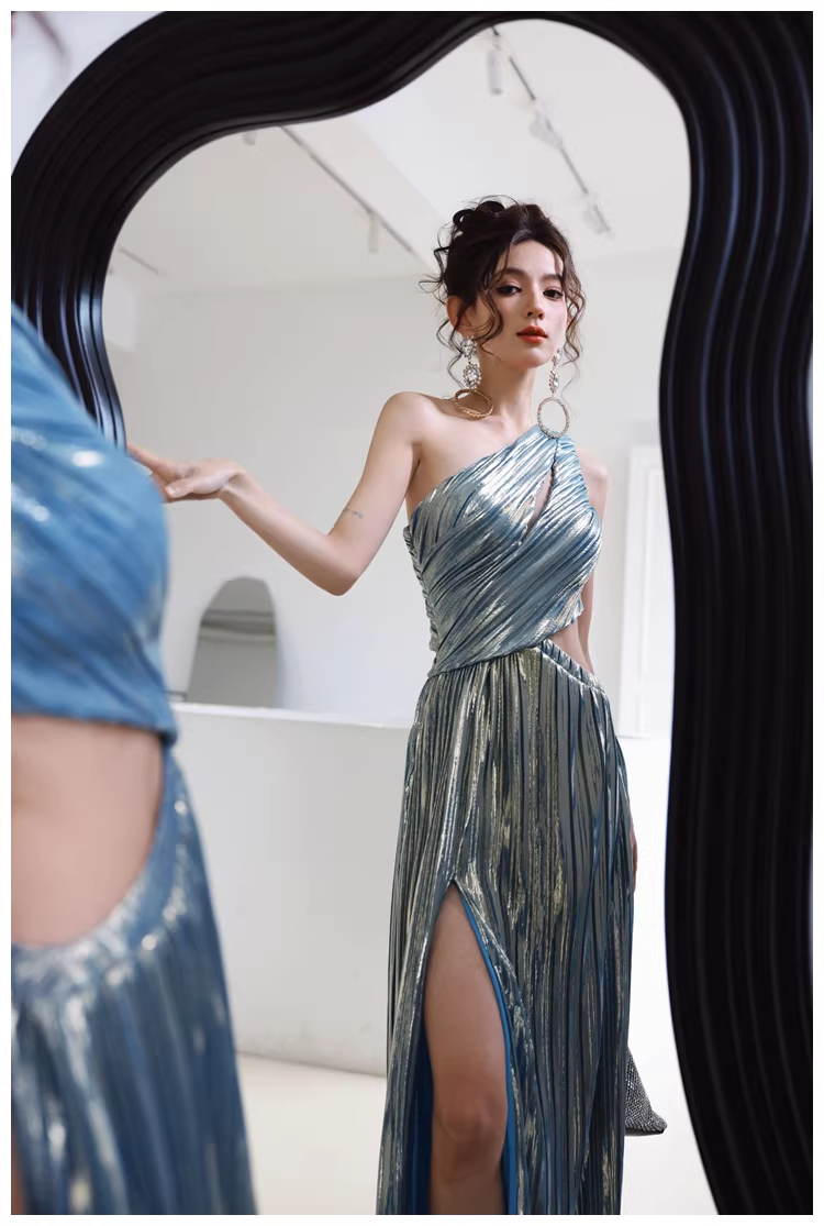 Sexy One Shoulder Satin Pleated Slit Long Wedding Guest Dress Blue Birthday Prom Dress Evening Gown