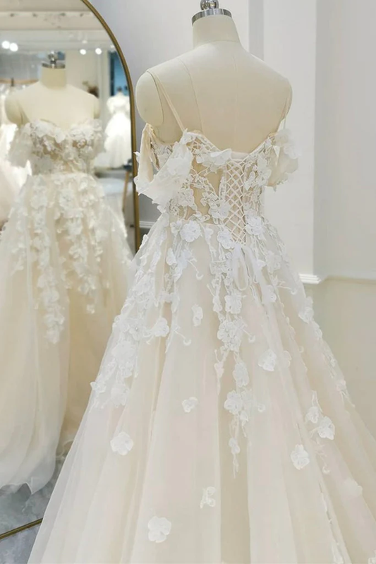 Off Shoulder Light Champagne Tulle Lace Long Wedding Dress Y211