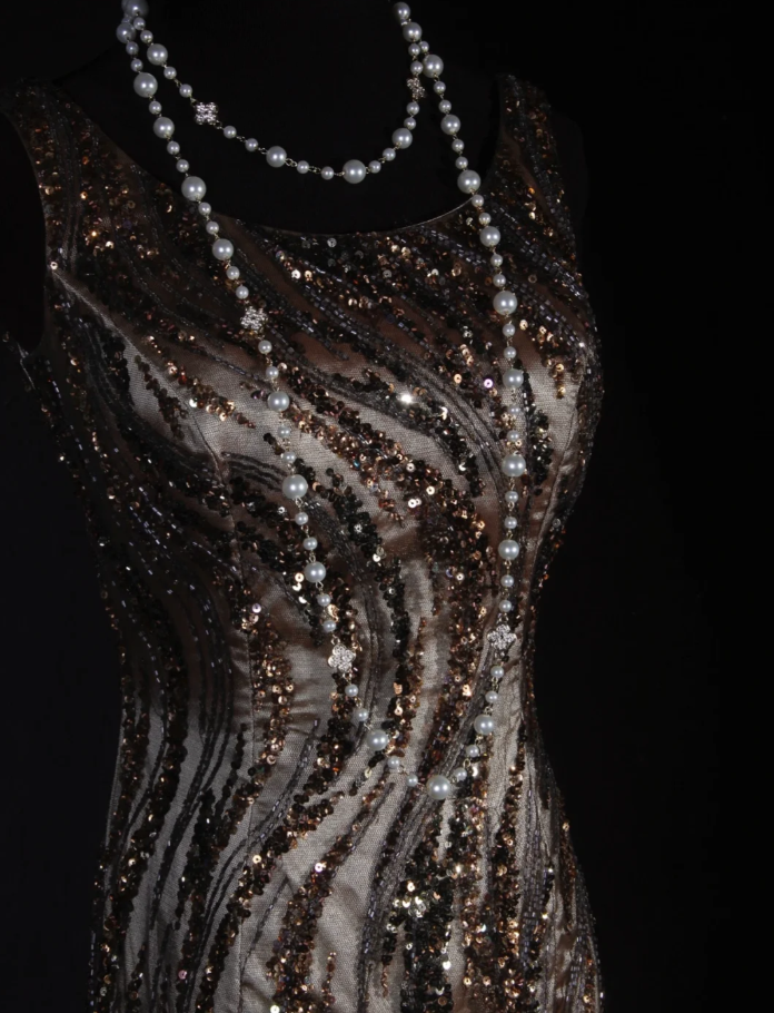Retro Dark Brown Sleeveless Satin Sequin Beaded Long Evening Dress Birthday Dress D2290