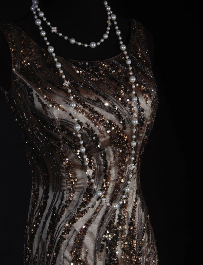 Retro Dark Brown Sleeveless Satin Sequin Beaded Long Evening Dress Birthday Dress D2290