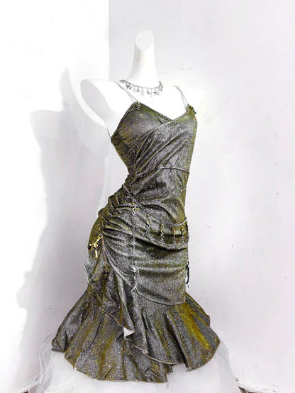 Vintage Green Spaghetti Strap Ruffled Hem Hem Short 16th Birthday Party Dress Homecoming Dress D1530
