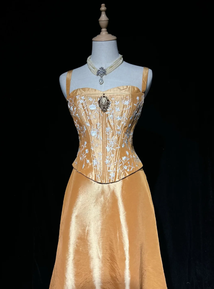 Pretty Spaghetti Straps Satin Embroidery A Line Long  Evening Dress 20th Birthday Outfits SP1966