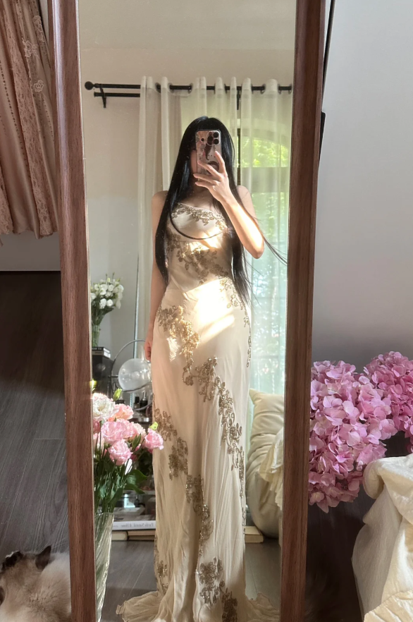 Vintage Spaghetti Straps Chiffon Beaded Mermaid Long Evening Dress Formal Birthday Party Dress D2310