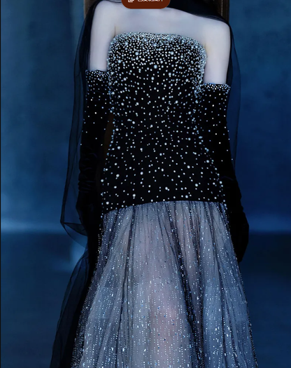 Gorgeous Black Strapless Tulle Beaded Mermaid Evening Dress Long Prom Dresses D1926