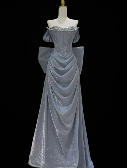 Gorgeous Off The Shoulder Gray Satin Sequin Beaded Mermaid Long Evening Dress Party Gown With Bow