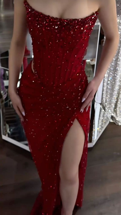 Vintage Burgundy Strapless Sequin Sheath High Slit Long Prom Dress Formal Evening Gown