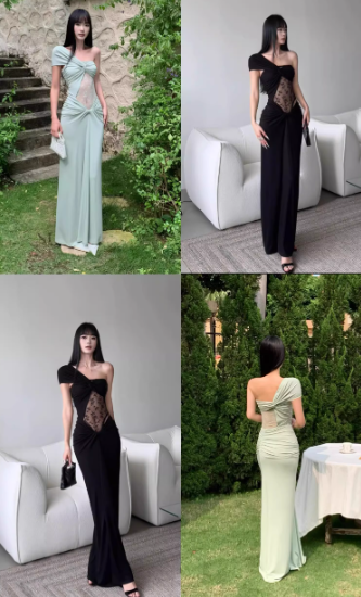 Sexy Seaside Holiday One Shoulder Pleated Lace Niche French Maxi Dress Women Dress Summer Dating Dress   D1847