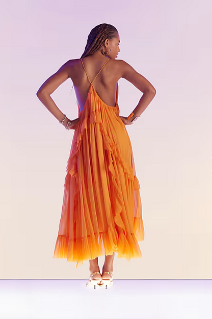 Sexy Orange Chiffon Ruffles Evening Dress Long Prom Party Gown cc2521