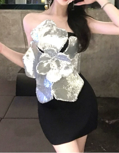Pretty Homecoming Dress Strapless Flower Hugging Short Prom Dress Back to School Outfits Party Dress  D6071