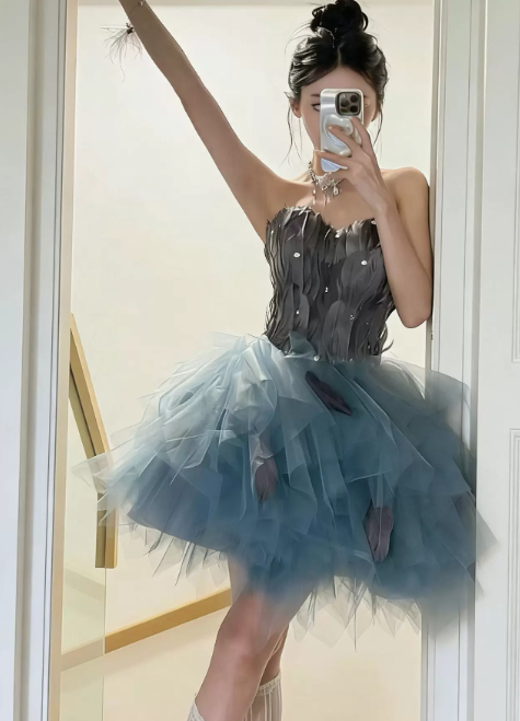 Pretty Homecoming Dress Sweetheart Tulle Beaded Draped Short Prom Dress Back to School Outfits Party Dress  D6076