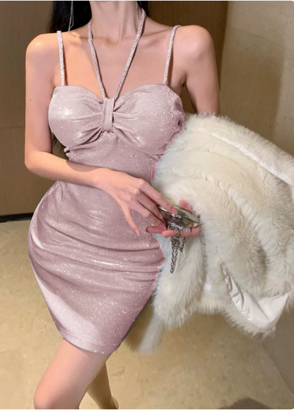 Shimmering Homecoming Dress Spaghetti Straps Halter Sequins Hugging Short Prom Dress Back to School Outfits Party Dress  D6078