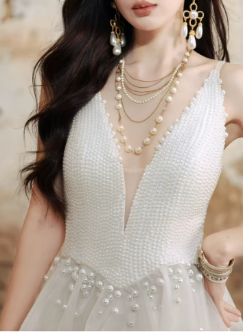 Pretty Homecoming Dress V Neck Tulle Pearl Prom Dress Back to School Outfits Party Dress  D6159