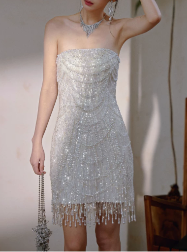 Shimmering Homecoming Dress Strapless Pearl Tassel Prom Dress Back to School Outfits Party Dress  D6167