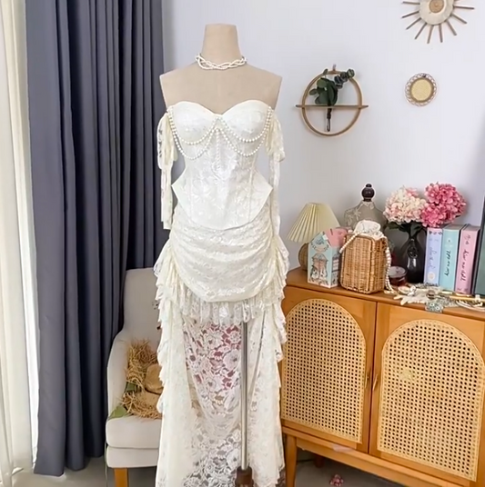 New Homecoming Dress Sweetheart Hi-Lo Pearl Lace Prom Dress Back to School Outfits Party Dress  D6196