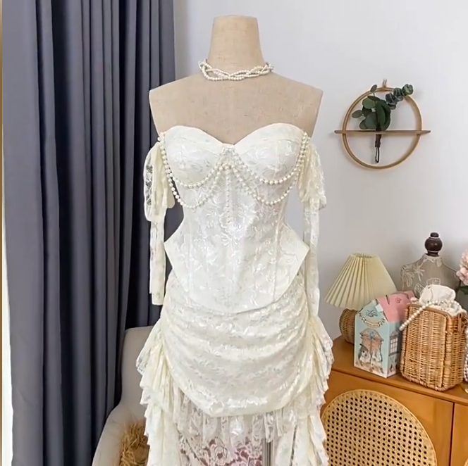 New Homecoming Dress Sweetheart Hi-Lo Pearl Lace Prom Dress Back to School Outfits Party Dress  D6196