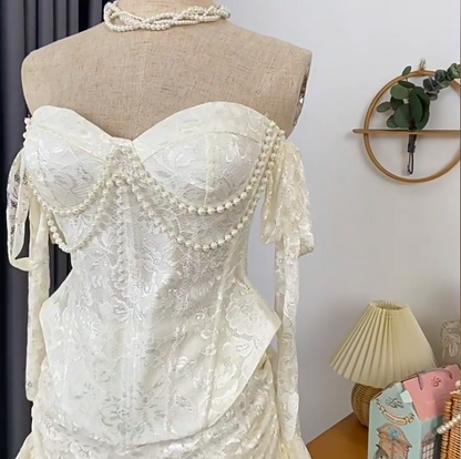 New Homecoming Dress Sweetheart Hi-Lo Pearl Lace Prom Dress Back to School Outfits Party Dress  D6196