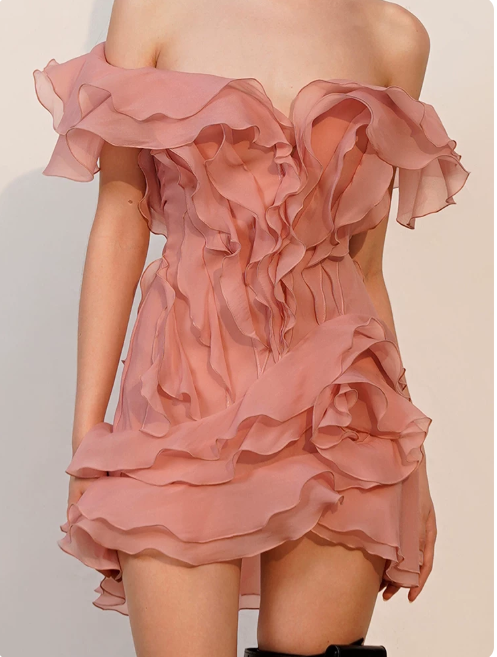 New Homecoming Dress Off the Shoulder Flouncing Cascade Prom Dress Back to School Outfits Party Dress  D6218