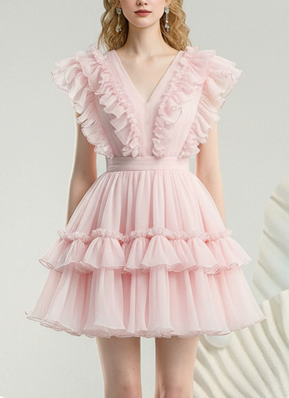 Sweet Homecoming Dress V Neck Lace Cascade Prom Dress Back to School Outfits Party Dress  D6239
