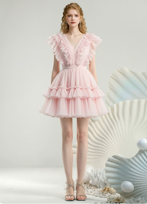 Sweet Homecoming Dress V Neck Lace Cascade Prom Dress Back to School Outfits Party Dress  D6239