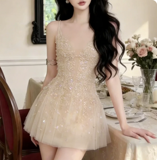 New Homecoming Dress Spaghetti Strap Lace Applique Prom Dress Back to School Outfits Party Dress  D6257
