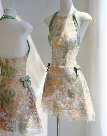 Pretty Homecoming Dress Halter Bowknot Lace Prom Dress Back to School Outfits Party Dress  D6298