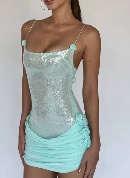 Shiny Homecoming Dress Spaghetti Strap Sequins Tulle Flower Prom Dress Back to School Outfits Party Dress  D6311