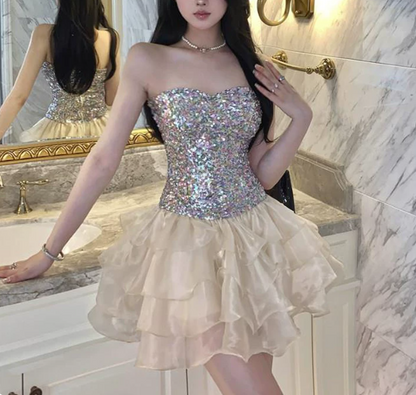 Shiny Homecoming Dress Sweetheart Sequins Cascade Prom Dress Back to School Outfits Party Dress  D6314