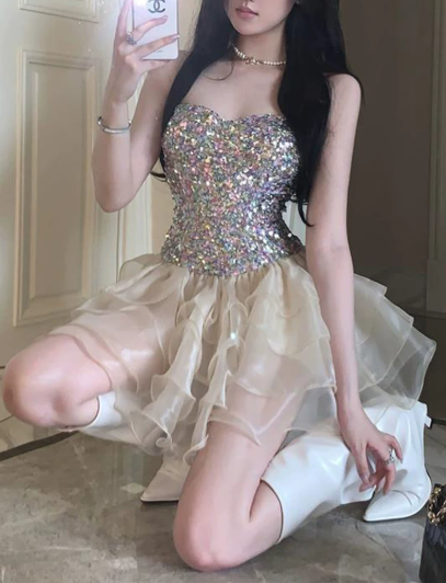 Shiny Homecoming Dress Sweetheart Sequins Cascade Prom Dress Back to School Outfits Party Dress  D6314