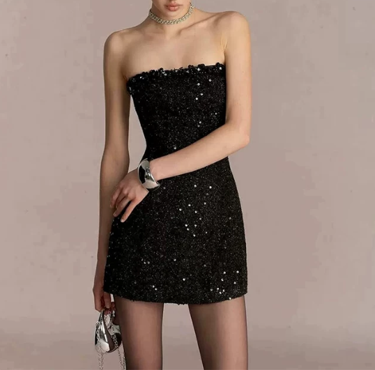 Shiny Homecoming Dress Strapless Sequins Dress Back to School Outfits Party Dress  D6329