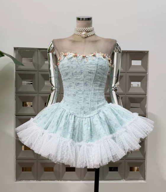 New Homecoming Dress Strapless Flower Lace Dress Back to School Outfits Party Dress  D6339