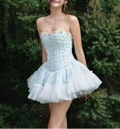 New Homecoming Dress Strapless Flower Lace Dress Back to School Outfits Party Dress  D6339