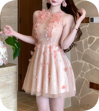 Sweet Homecoming Dress Halter Flower Tulle Dress Back to School Outfits Party Dress  D6346