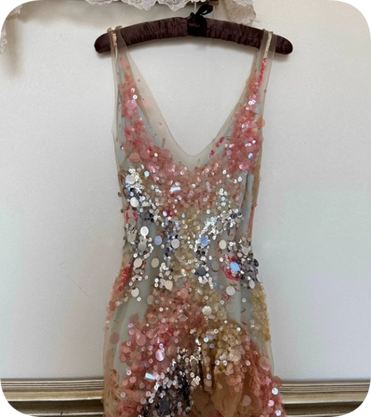New Homecoming Dress V Neck Sequins Tulle Dress Back to School Outfits Party Dress  D6370