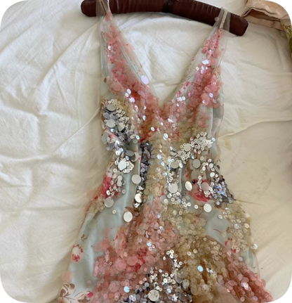 New Homecoming Dress V Neck Sequins Tulle Dress Back to School Outfits Party Dress  D6370