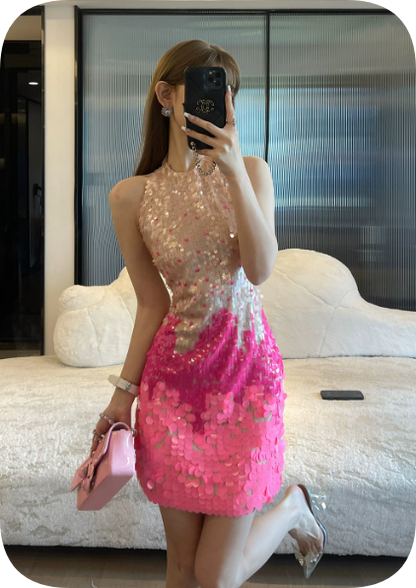 New Homecoming Dress Halter Sequins Dress Back to School Outfits Party Dress  D6372