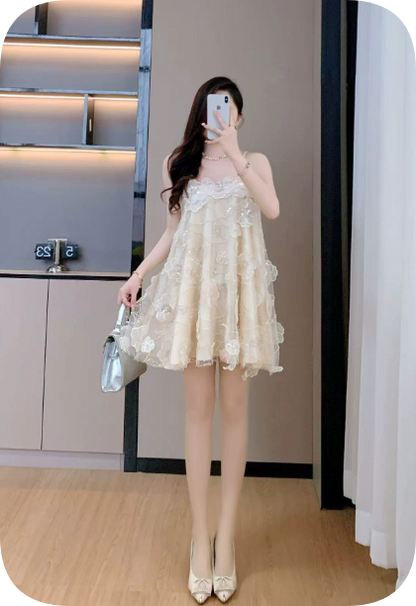 New Homecoming Dress Sheer Straps Flower Beading Dress Back to School Outfits Party Dress  D6348