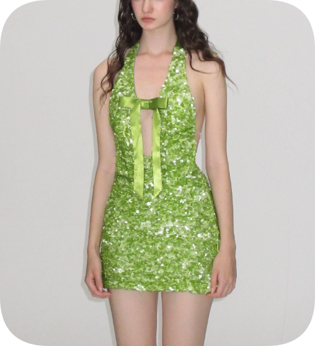 Shiny Homecoming Dress Halter Bowknot Sequins Backless Dress Back to School Outfits Party Dress  D6381