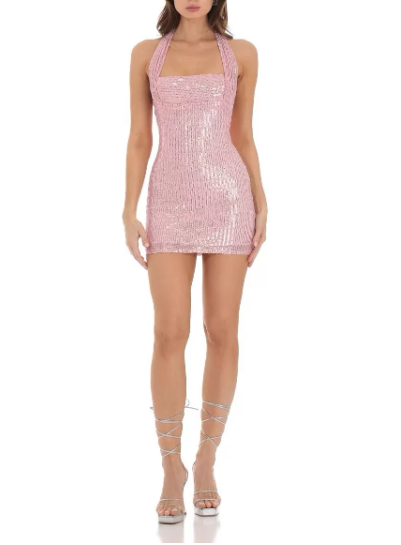 Shiny Homecoming Dress Halter Sequins Backless Dress Back to School Outfits Party Dress  D6382