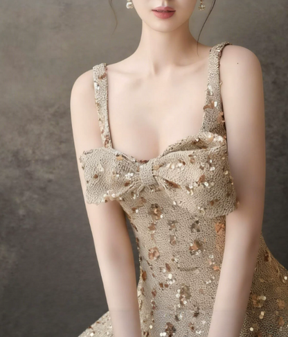 Shiny Homecoming Dress Spaghetti Strap Sequins Bowknot Back to School Outfits Party Dress  D6512